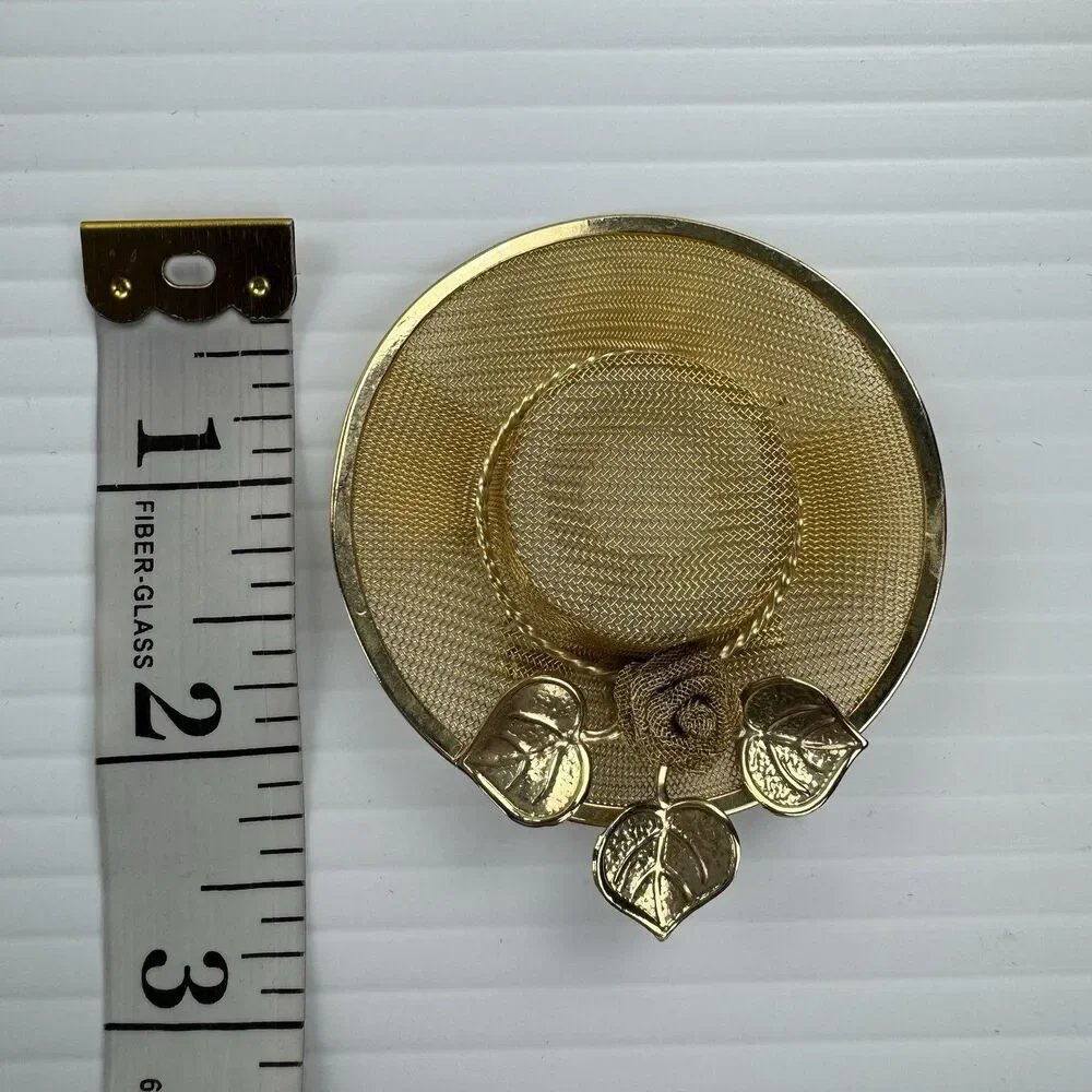 Vintage Gold Tone Mesh Hat Brooch Pin Floral Leaves Statement Retro